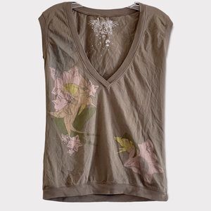 Vintage olive green floral sleeveless v-neck top size medium
